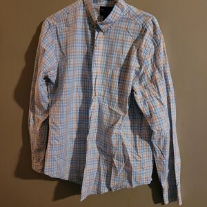 REED EDWARD Men's Blue and Orange Plaid Shirt LG